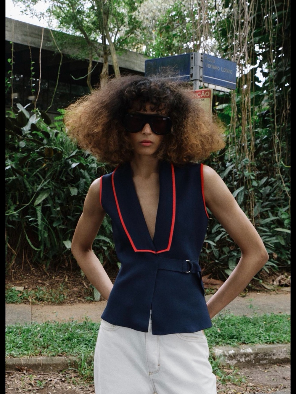 Zara Navy Sleeveless Vest with Red Piping